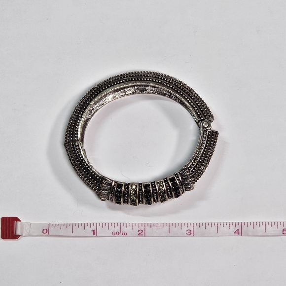 Silver Hinged Bangle Bracelet with Clear and Black Rhinestones - Picture 4 of 4